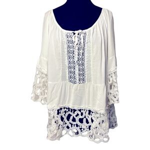 Sandra Fellini | White Boho Gauzy Guipure Lace Sequin Tunic Blouse, Large